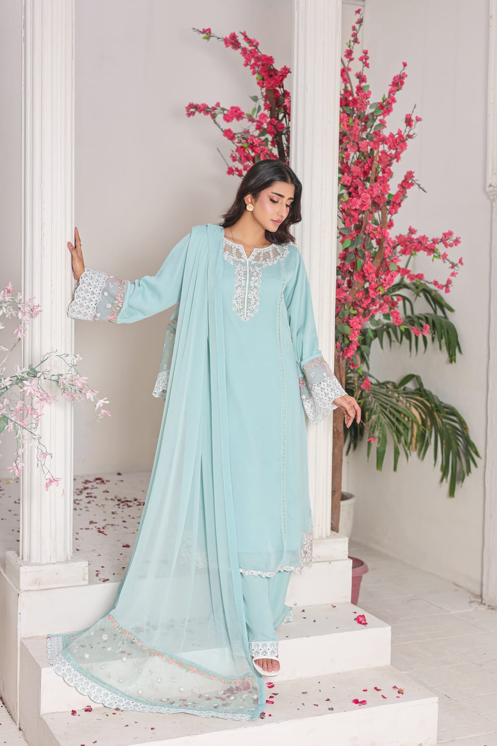 Soft Pastel Blue Suit, Chiffon Tunic, Grip Trousers, Embroidered Dupatta, Pakistani Party Wear, Luxury Pret Dresses, Wedding Outfits Online, Star Fashion