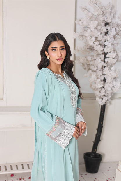 Soft Pastel Light Blue 3‑Piece Embroidered Stitched Party Wear Outfit