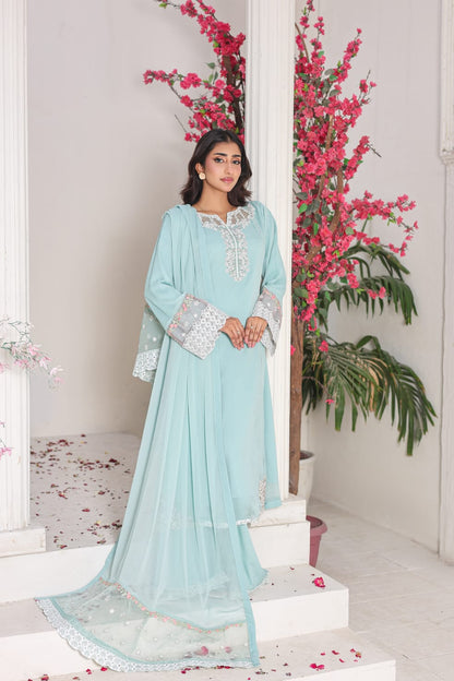Soft Pastel Light Blue 3‑Piece Embroidered Stitched Party Wear Outfit