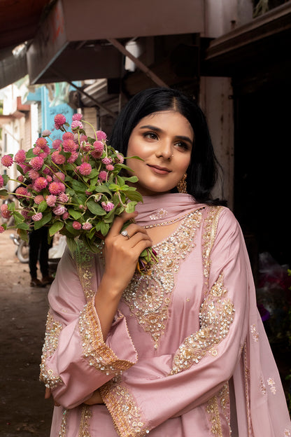 Pink Embroidered Russian Silk 3-Piece Suit