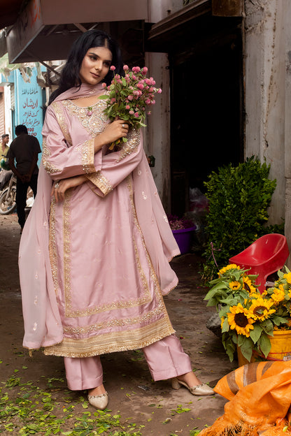 Pink Embroidered Russian Silk 3-Piece Suit