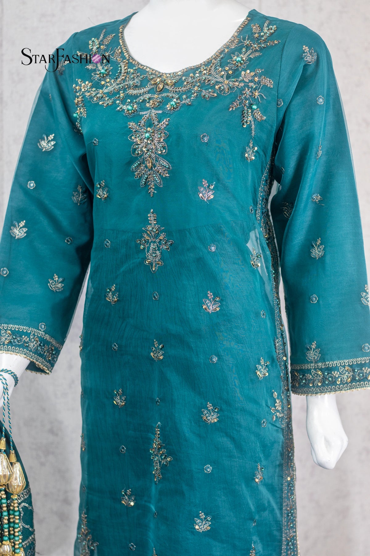 "Sea-Green embroidered organza overcoat with malai inner – festive stitched suit"