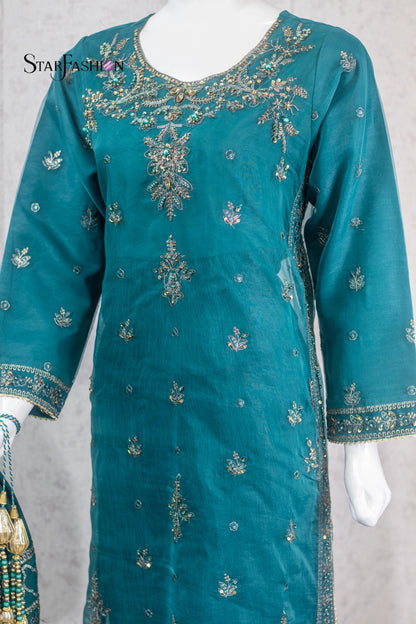 "Sea-Green embroidered organza overcoat with malai inner – festive stitched suit"