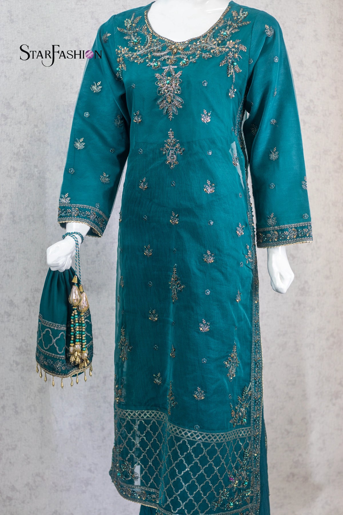 Sea Green 4‑Piece Stitched Gown Style Ensemble (Malai Inner, Organza Overcoat, Malai Trousers, Organza Dupatta, Embroidered, Festive / Luxury Party Wear)