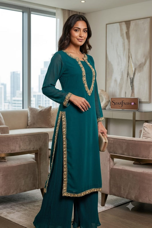 Emerald green chiffon 3-piece Pakistani suit with 46-inch shirt, chiffon dupatta, attached malai slip and crushed loose palazzo.