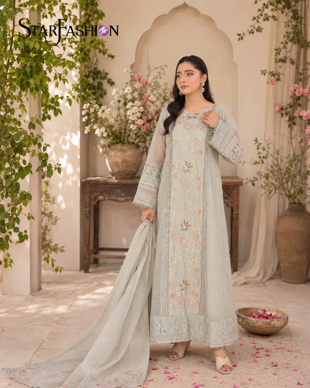 "Designer sea green embroidered stitched suit with khaddi shirt, Russian silk koti, and dupatta – perfect for festive wear"