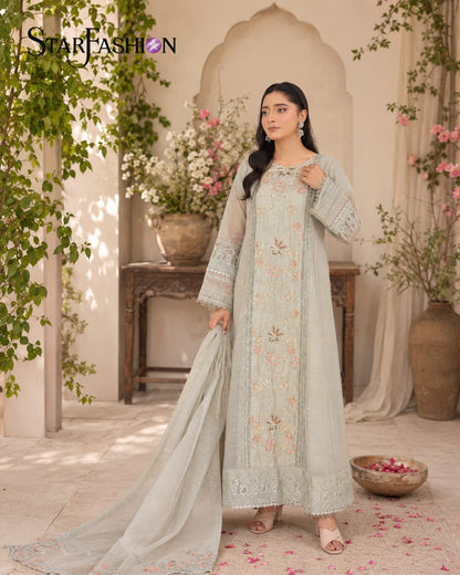 "Designer sea green embroidered stitched suit with khaddi shirt, Russian silk koti, and dupatta – perfect for festive wear"