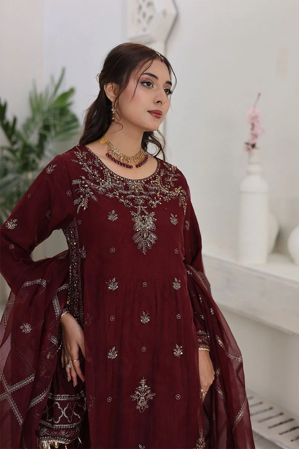"Sea green & Berry tone embroidered malai inner with organza dupatta – festive party wear"