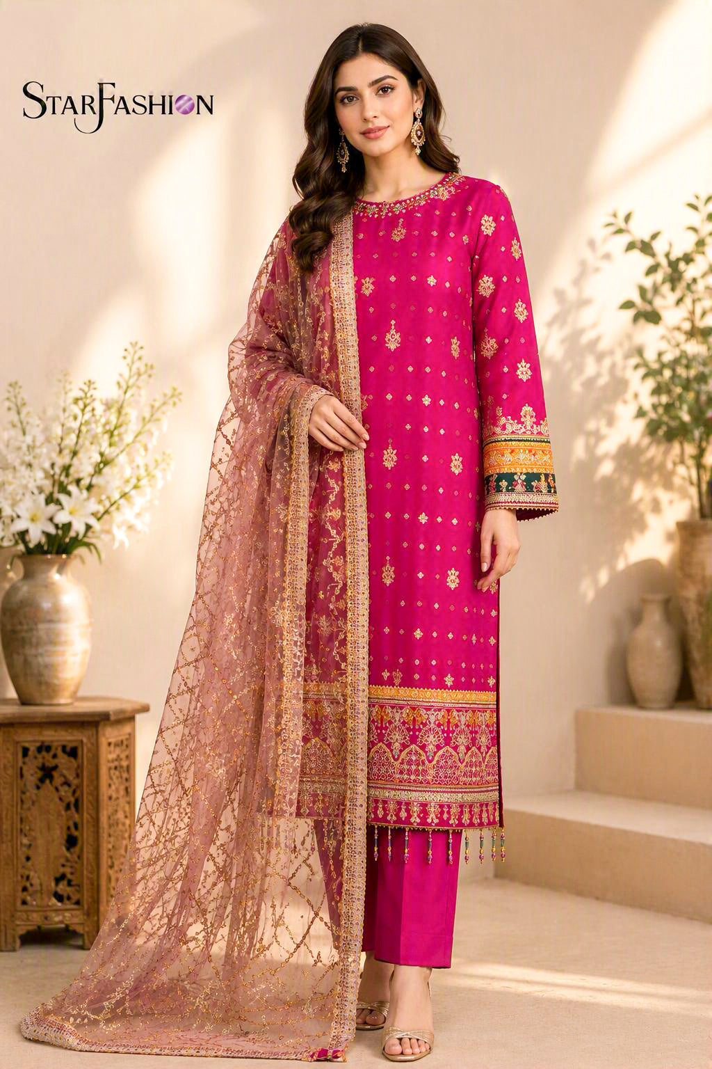Shocking pink embroidered chiffon straight suit with intricate embroidery, elegant net dupatta, and silk trousers, showcasing luxurious Pakistani ethnic fashion for festive and formal occasions.