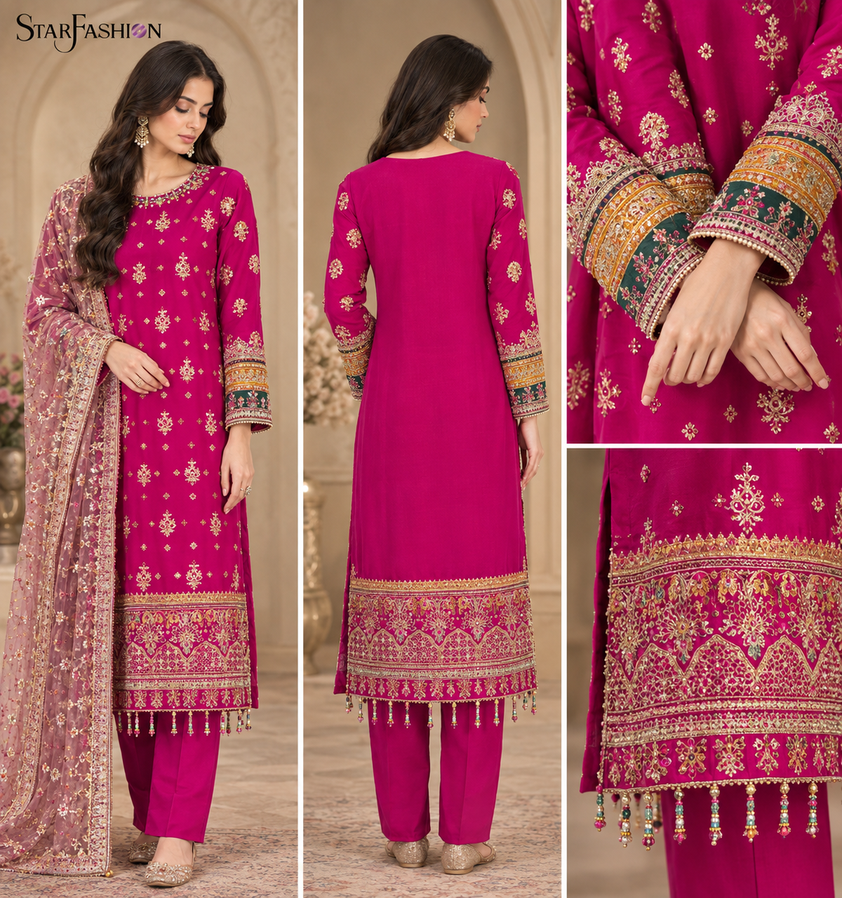 Shocking pink embroidered chiffon straight suit with intricate embroidery, elegant net dupatta, and silk trousers, showcasing luxurious Pakistani ethnic fashion for festive and formal occasions.