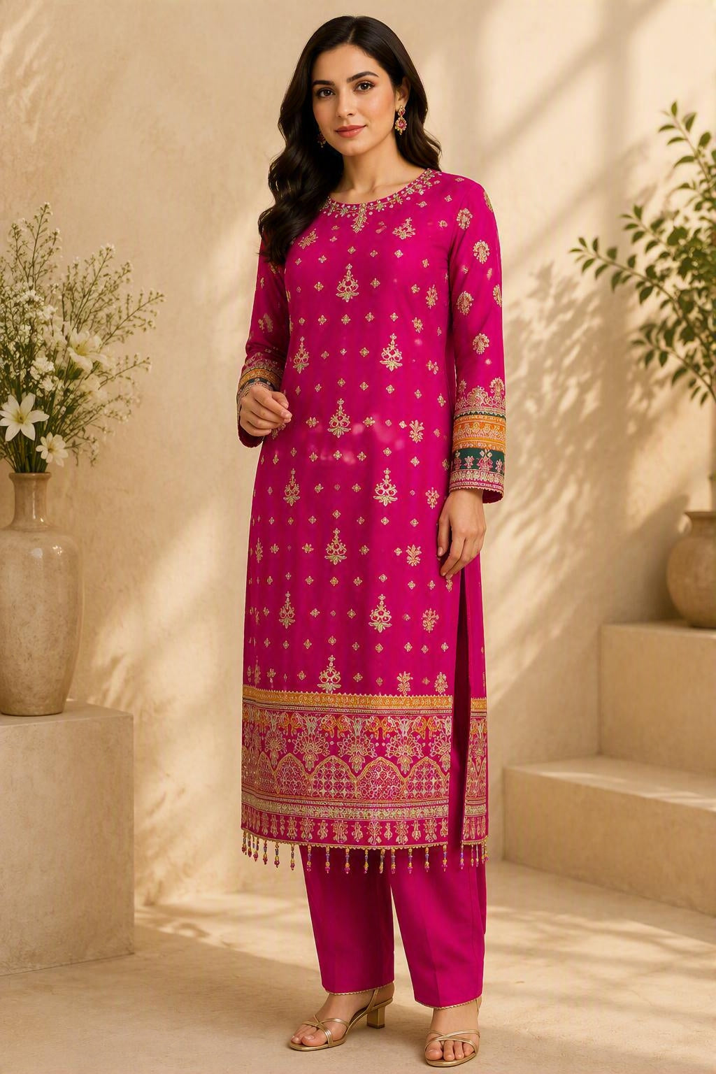 Shocking pink embroidered chiffon straight suit with intricate embroidery, elegant net dupatta, and silk trousers, showcasing luxurious Pakistani ethnic fashion for festive and formal occasions.