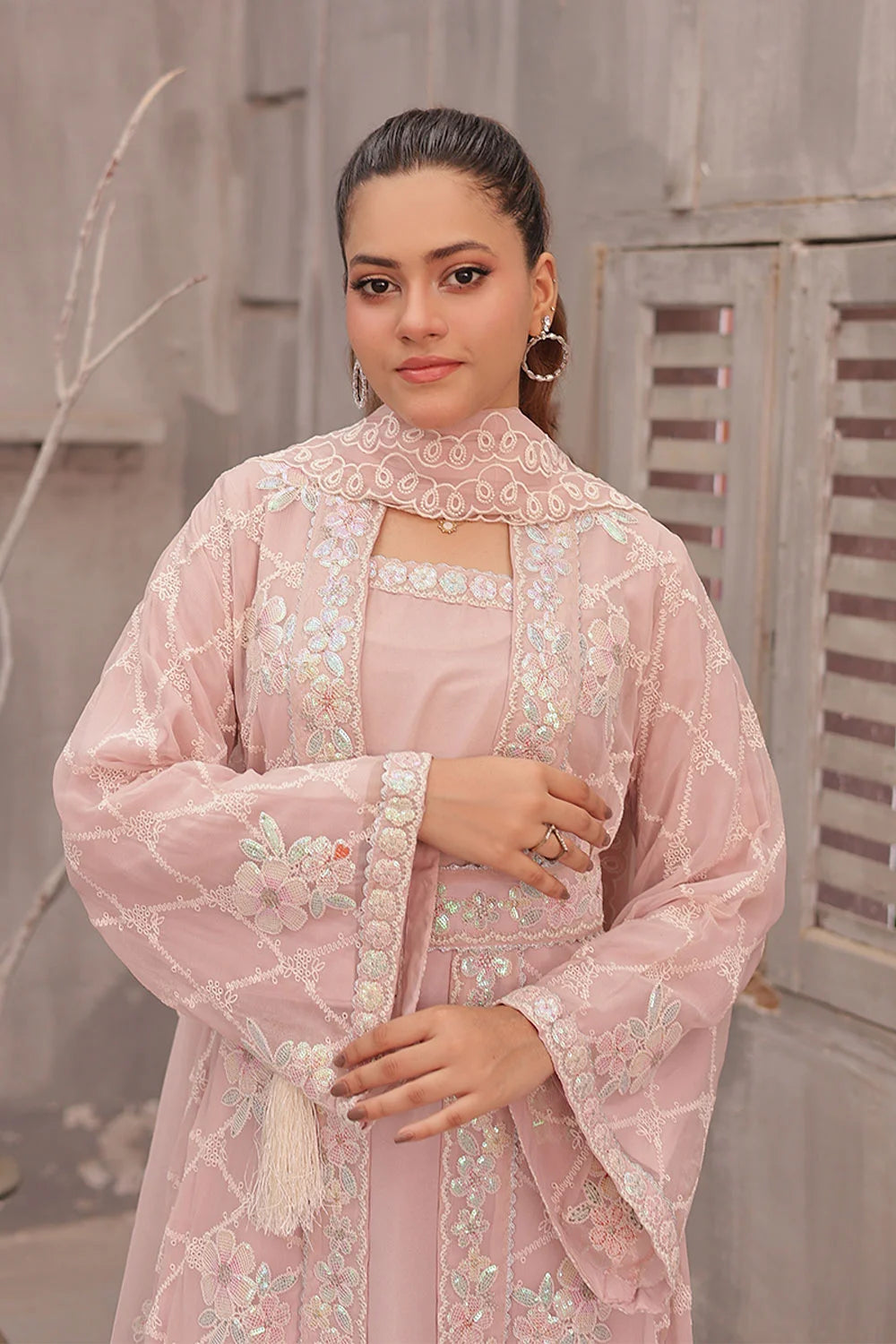 "Light pink embroidered silk long kurta with inner dress and chiffon dupatta – luxury pret wear"
