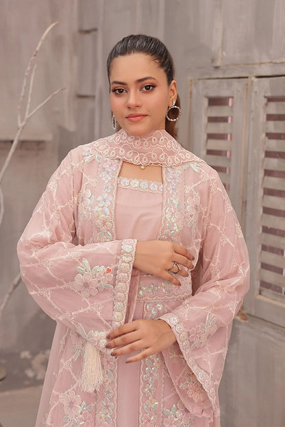 "Light pink embroidered silk long kurta with inner dress and chiffon dupatta – luxury pret wear"