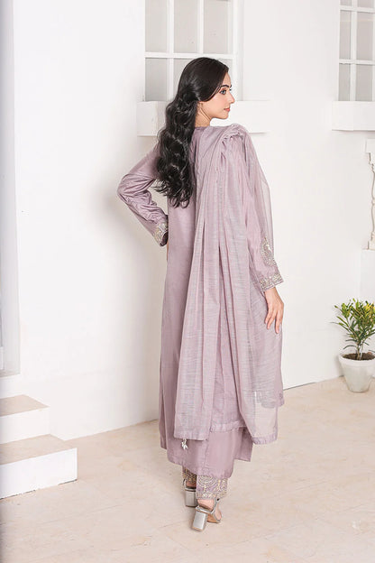 "Elegant Lilac Raw Silk Straight Kurta with Khaddi Net Dupatta – embroidered pret wear for festive occasions"