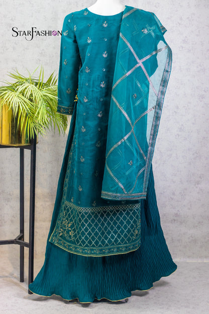 Teal embroidered traditional outfit with a matching dupatta on a neutral background, branded 'StarFashion'.
