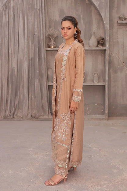 "Coral pink raw silk tunic, embroidered organza overcoat, wide‑leg trousers, and organza dupatta – premium stitched pret wear ensemble"