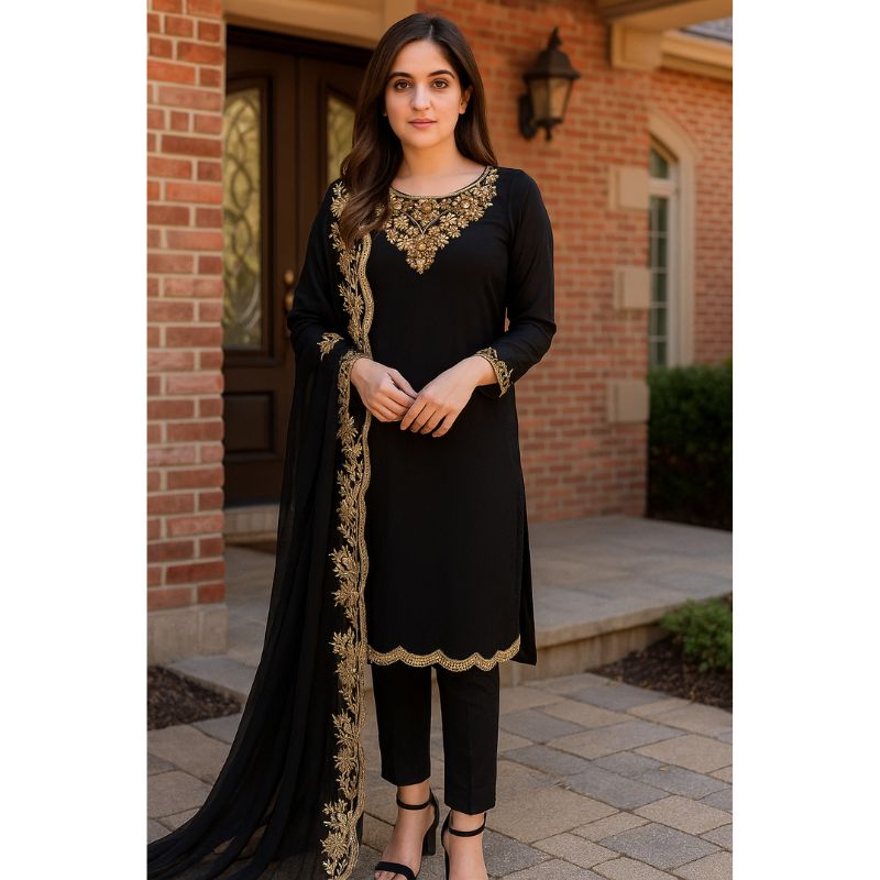 3pcs Black Stitched Embroidery Dress