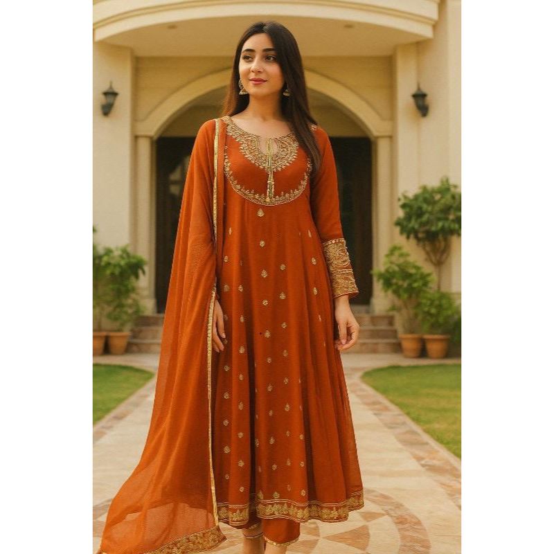 3pcs Rust Anarkali Stitched Embroidery Dress