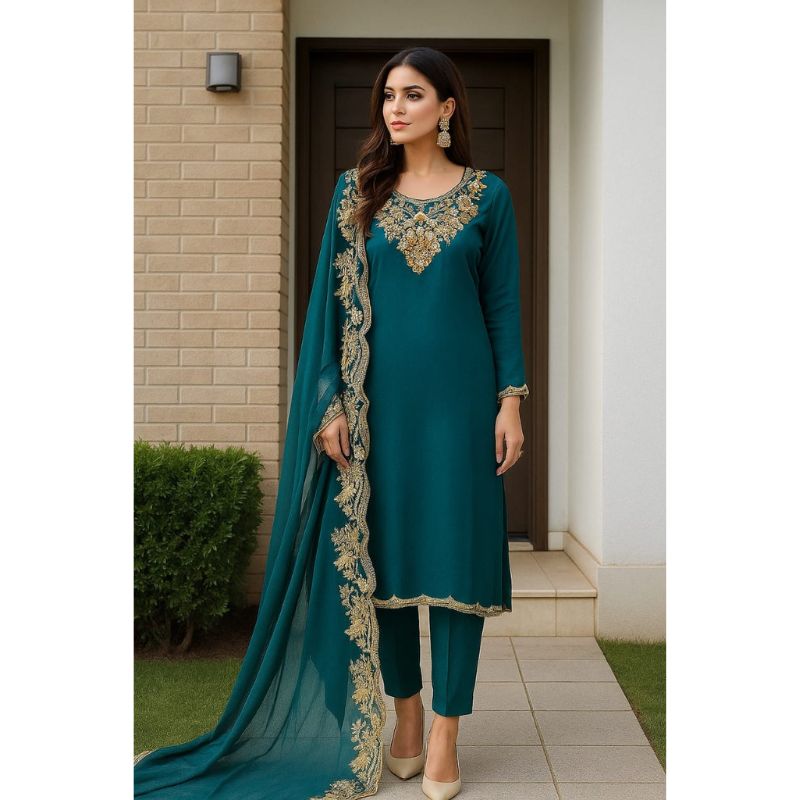 3pcs Bottle Green Stitched Embroidery Dress