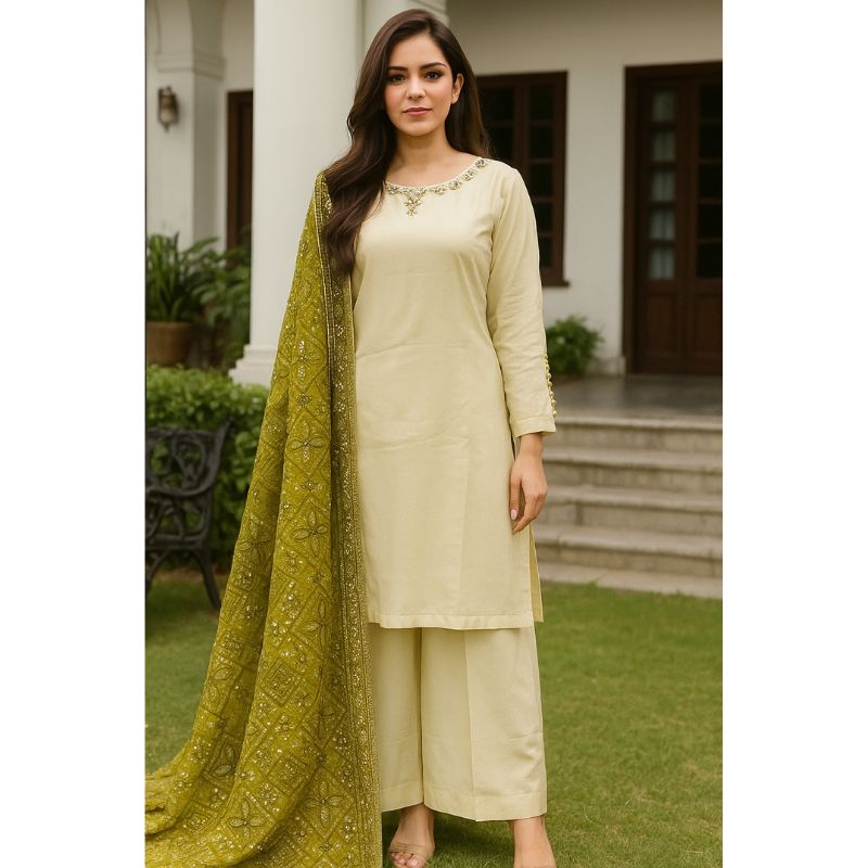 3 Piece Stitched Cream Chiffon Palazzo Dress