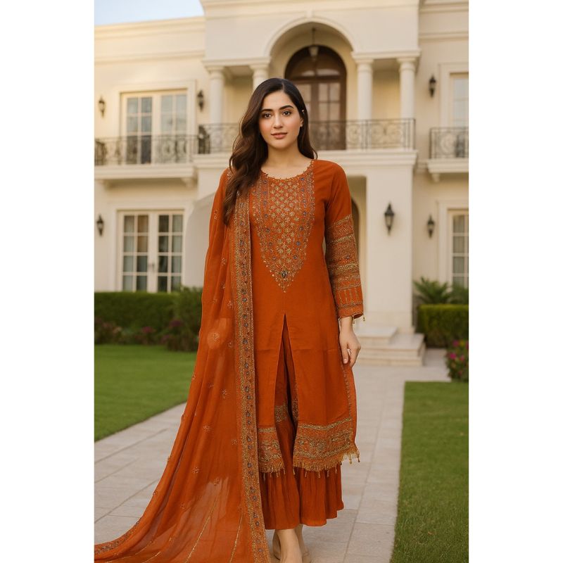 3Pcs Pakistani Embroidery long kameez And sharara Style Trouser Dress