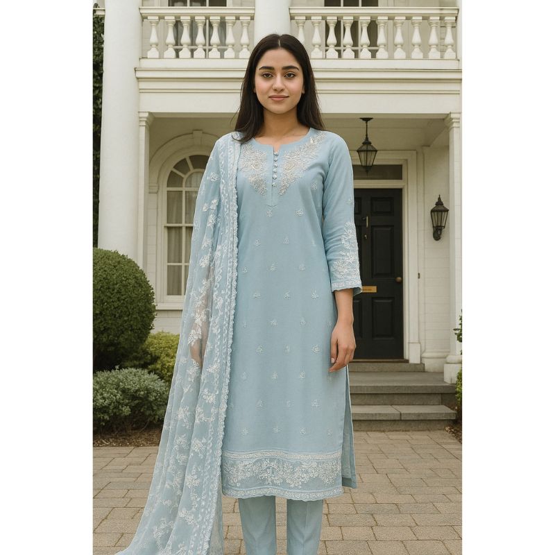 traditional Pakistani 3Pcs embroidered Light Blue Dress
