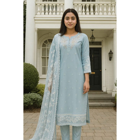 traditional Pakistani 3Pcs embroidered Light Blue Dress