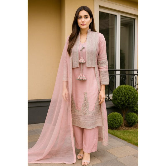 Elegant Pakistani 3Pcs Embroidered Pink Dress with Coat Style