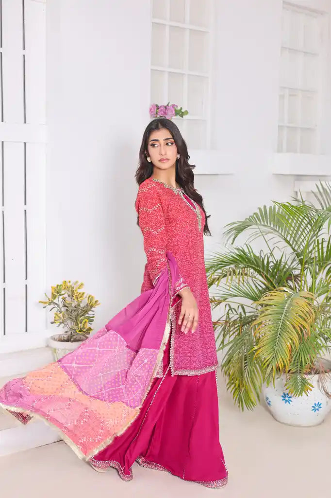 "Raspberry 3-piece stitched embroidered suit with chiffon shirt, malai plazoo, and chiffon dupatta"
