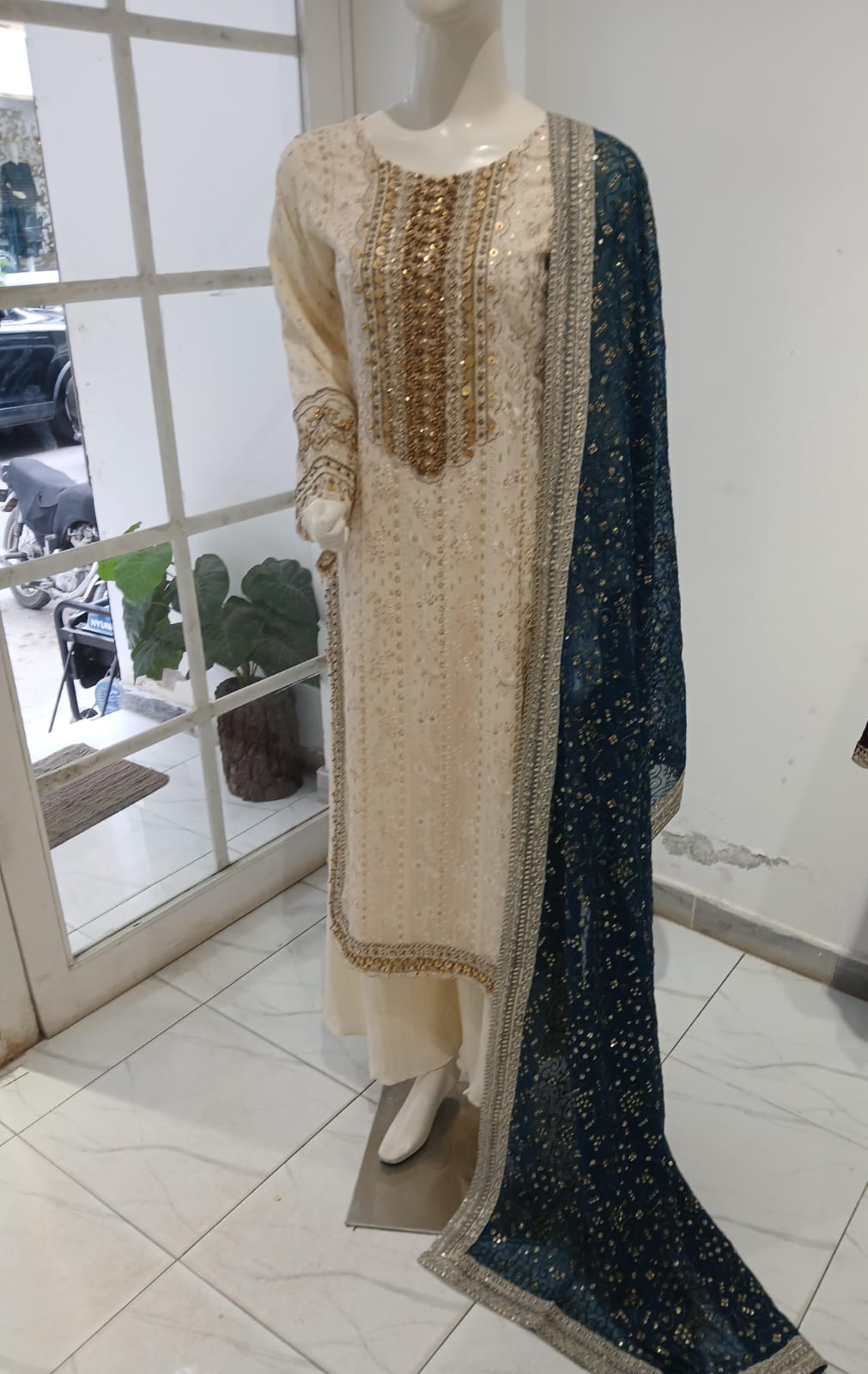 Chikankari Chiffon 3 Piece Suit – Hand Embroidered Dress with Heavy Dupatta & Palazzo