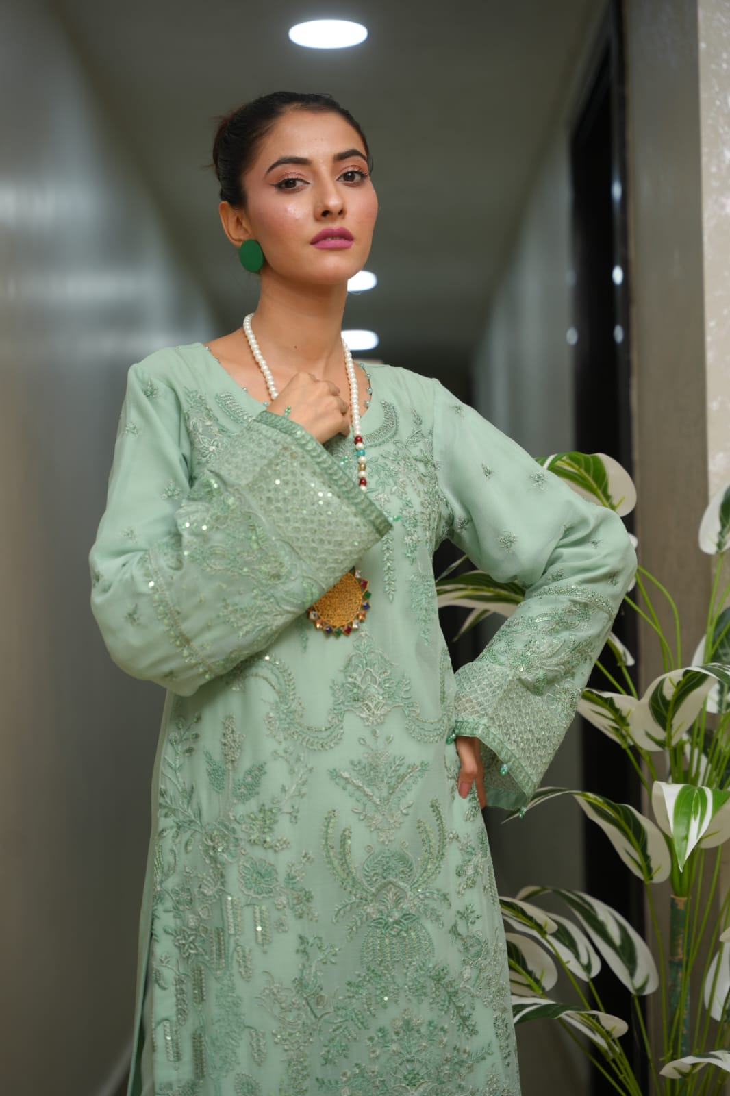 fs 1091 long  mint color Mint Green Embroidered Dress