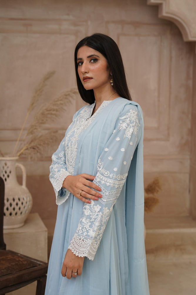 Chiffon Tail Hem Dress with Palazzo & Dupatta
