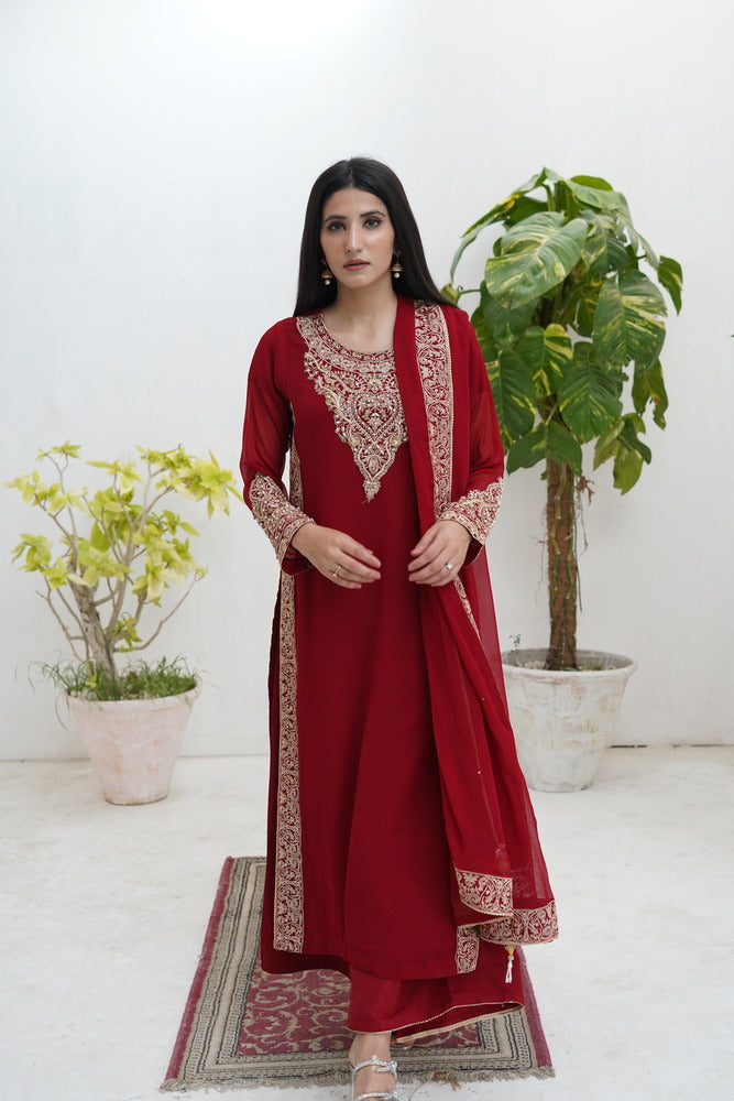 red chiffon dress pakistani Red Pakistani Chiffon Dress - Hand Embroidered Chiffon USA