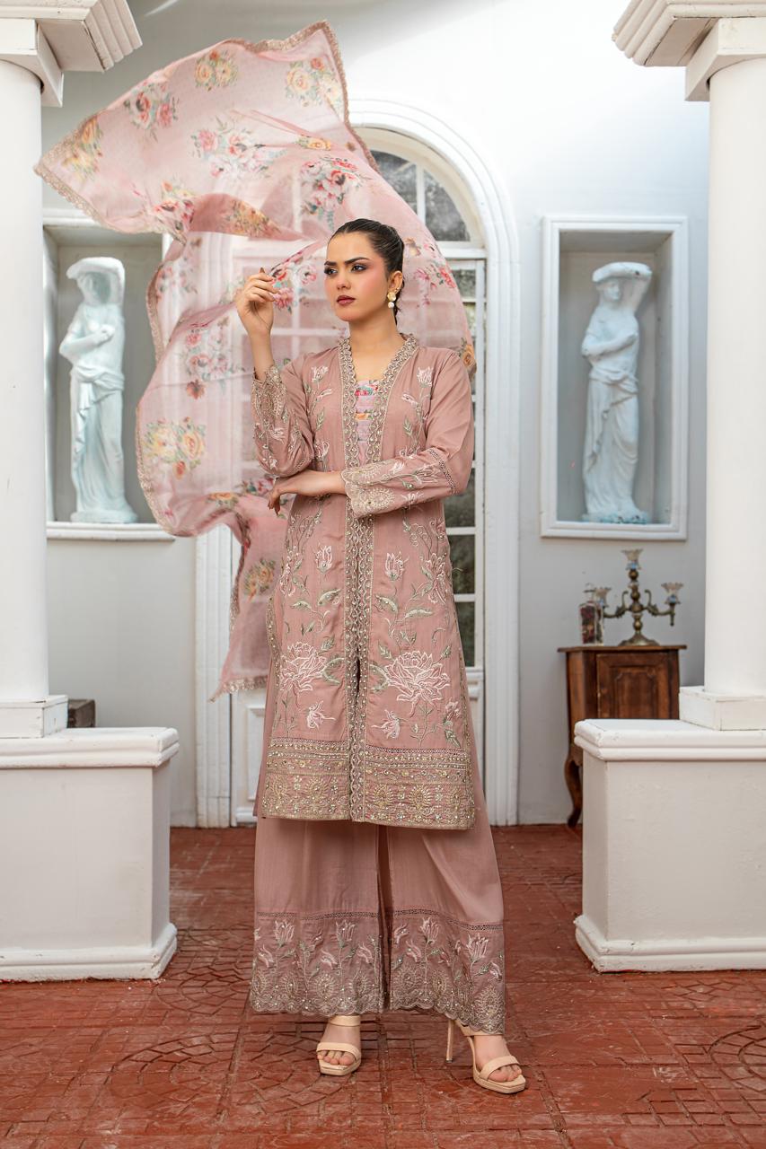 Dusty Rose | Russian Silk | Embroidered | 3-Piece Suit