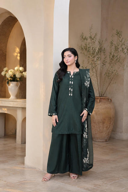 Bottle Green Embroidered 3-peice suit