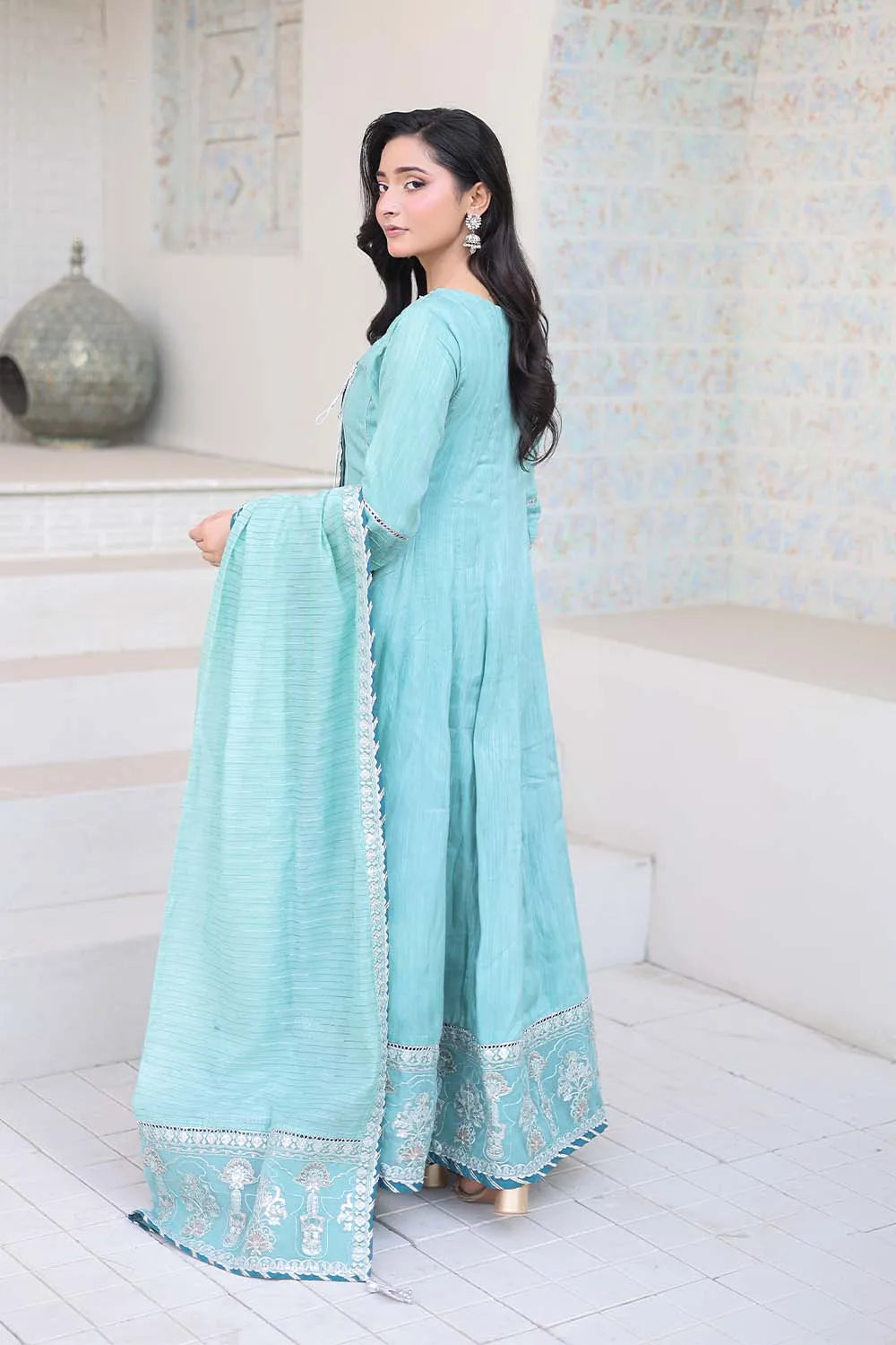 Aqua embroidered 3-piece Pakistani suit featuring a Shamus silk Angrakha frock with full lining, matching Shamus silk palazzo, and self Khaddi dupatta