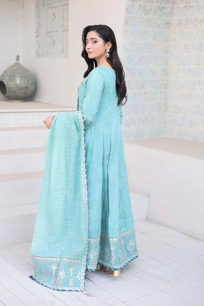 Aqua embroidered 3-piece Pakistani suit featuring a Shamus silk Angrakha frock with full lining, matching Shamus silk palazzo, and self Khaddi dupatta