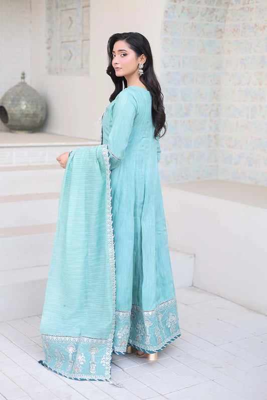 Aqua embroidered 3-piece Pakistani suit featuring a Shamus silk Angrakha frock with full lining, matching Shamus silk palazzo, and self Khaddi dupatta