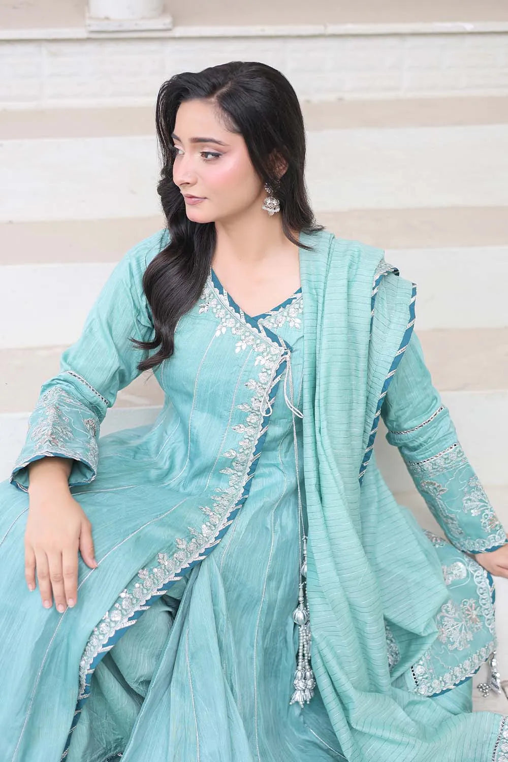 Aqua embroidered 3-piece Pakistani suit featuring a Shamus silk Angrakha frock with full lining, matching Shamus silk palazzo, and self Khaddi dupatta