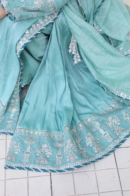 Aqua embroidered 3-piece Pakistani suit featuring a Shamus silk Angrakha frock with full lining, matching Shamus silk palazzo, and self Khaddi dupatta