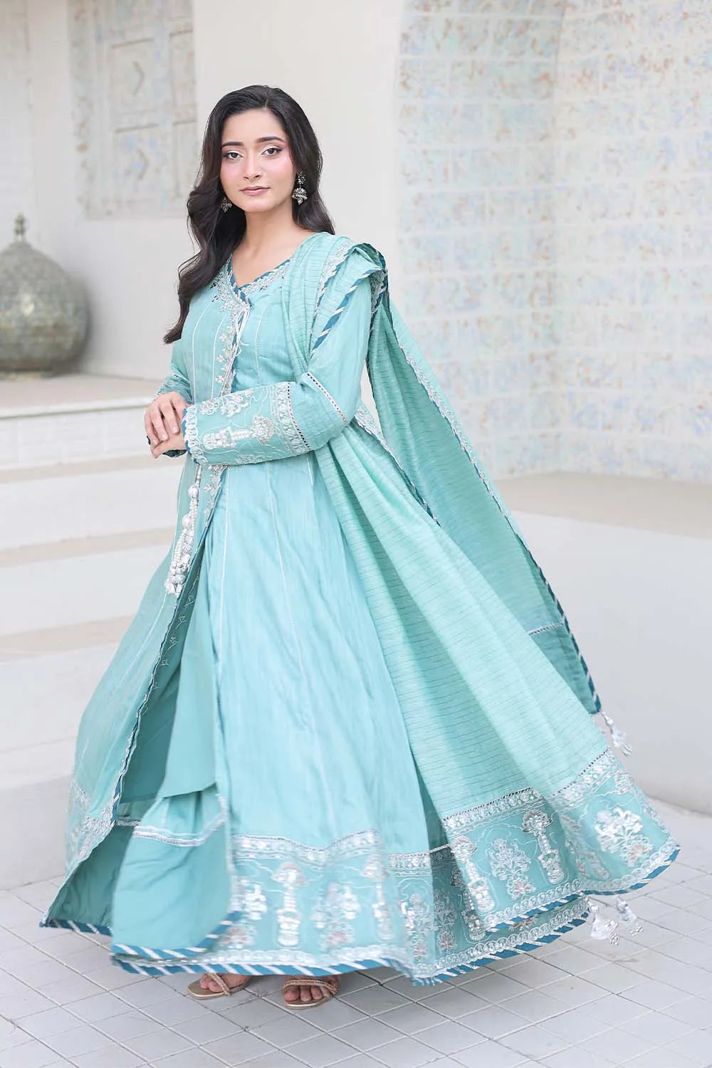 Aqua embroidered 3-piece Pakistani suit featuring a Shamus silk Angrakha frock with full lining, matching Shamus silk palazzo, and self Khaddi dupatta