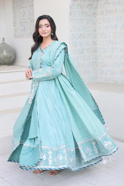 Aqua embroidered 3-piece Pakistani suit featuring a Shamus silk Angrakha frock with full lining, matching Shamus silk palazzo, and self Khaddi dupatta