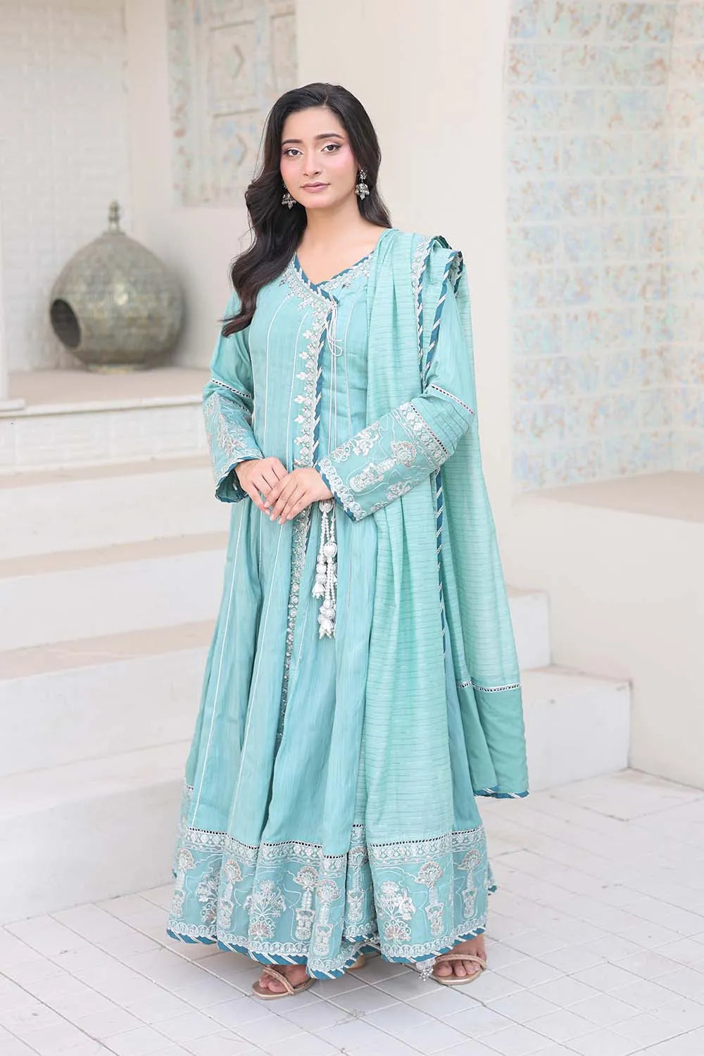 Aqua embroidered 3-piece Pakistani suit featuring a Shamus silk Angrakha frock with full lining, matching Shamus silk palazzo, and self Khaddi dupatta