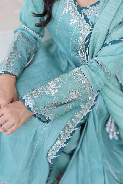 Aqua embroidered 3-piece Pakistani suit featuring a Shamus silk Angrakha frock with full lining, matching Shamus silk palazzo, and self Khaddi dupatta