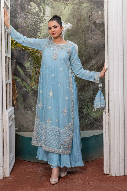 Baby blue embroidered 4-piece Pakistani suit featuring a silver-embellished organza coat, grip shirt and trousers, a soft Malai inner, and a matching organza dupatta