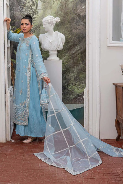 Baby blue embroidered 4-piece Pakistani suit featuring a silver-embellished organza coat, grip shirt and trousers, a soft Malai inner, and a matching organza dupatta