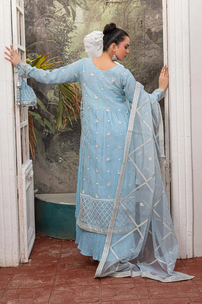 Baby blue embroidered 4-piece Pakistani suit featuring a silver-embellished organza coat, grip shirt and trousers, a soft Malai inner, and a matching organza dupatta