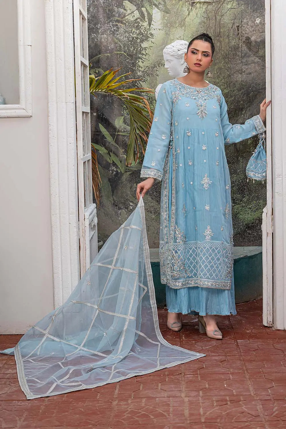 Baby blue embroidered 4-piece Pakistani suit featuring a silver-embellished organza coat, grip shirt and trousers, a soft Malai inner, and a matching organza dupatta