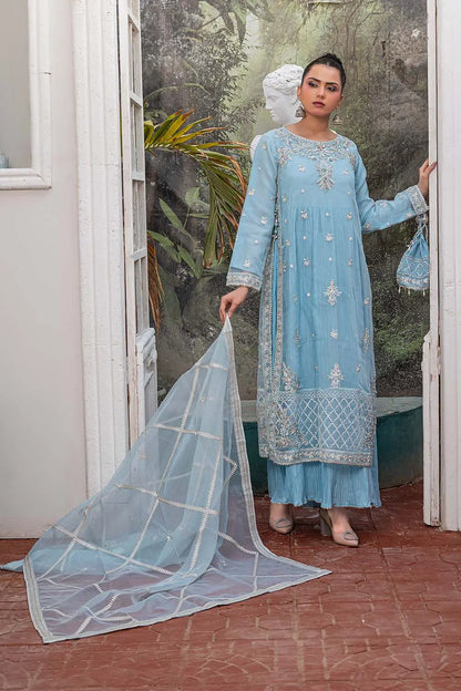 Baby blue embroidered 4-piece Pakistani suit featuring a silver-embellished organza coat, grip shirt and trousers, a soft Malai inner, and a matching organza dupatta