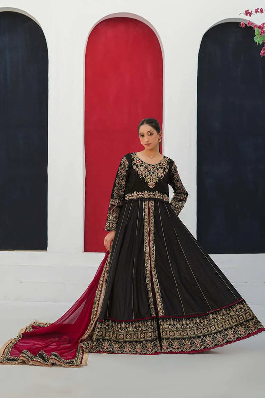 Black embroidered 3-piece Pakistani suit featuring a Bana Dora maxi with Malai lining, straight Bana Dora trousers and a chiffon dupatta